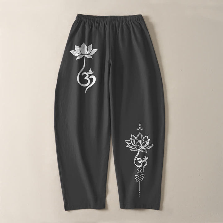 Buddha Stones Pantaloni da uomo affusolati in puro cotone con motivo Zen Om e coulisse, con tasche. - image 3