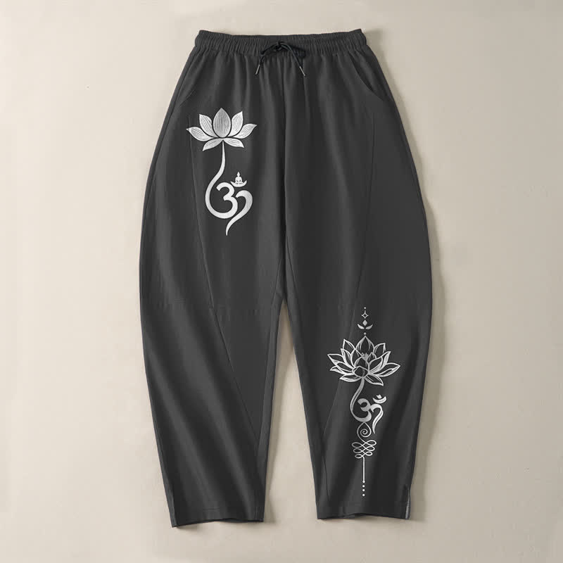 Buddha Stones Pantaloni da uomo affusolati in puro cotone con motivo Zen Om e coulisse, con tasche. - image 2