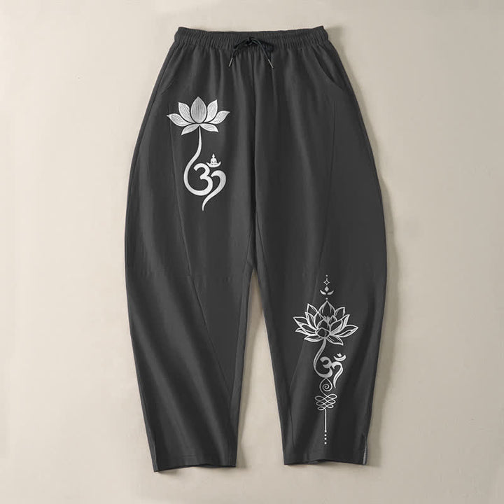 Buddha Stones Pantaloni da uomo affusolati in puro cotone con motivo Zen Om e coulisse, con tasche. - image 2