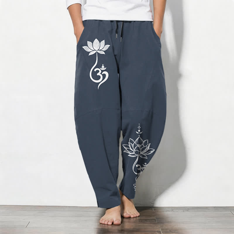 Buddha Stones Pantaloni da uomo affusolati in puro cotone con motivo Zen Om e coulisse, con tasche. - Marina - US/UK/AU50, EU60 (5XL) - image 7