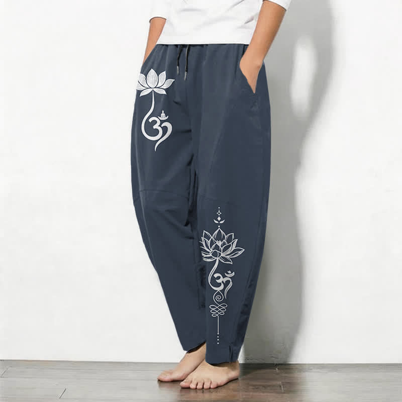Buddha Stones Pantaloni da uomo affusolati in puro cotone con motivo Zen Om e coulisse, con tasche. - image 8