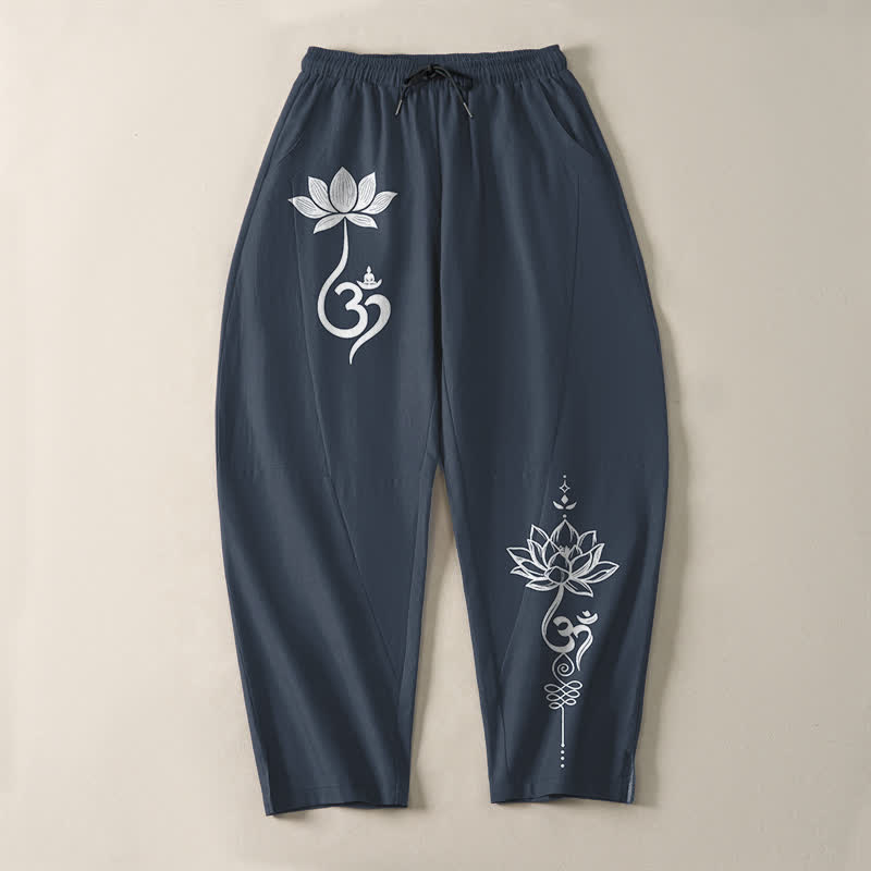 Buddha Stones Pantaloni da uomo affusolati in puro cotone con motivo Zen Om e coulisse, con tasche. - image 9