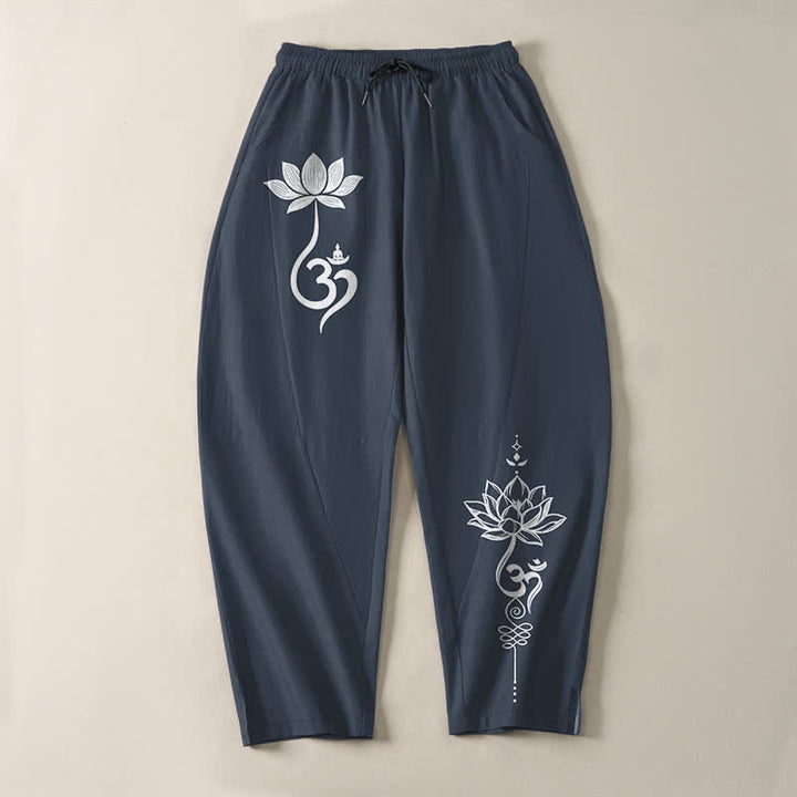 Buddha Stones Pantaloni da uomo affusolati in puro cotone con motivo Zen Om e coulisse, con tasche. - image 9