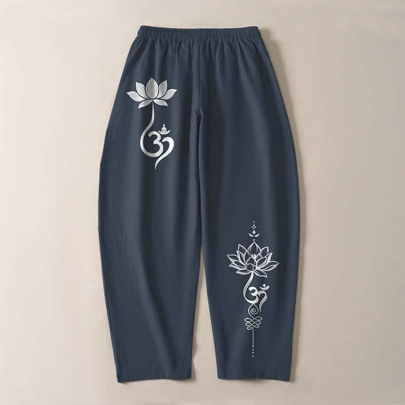 Buddha Stones Pantaloni da uomo affusolati in puro cotone con motivo Zen Om e coulisse, con tasche. - image 10