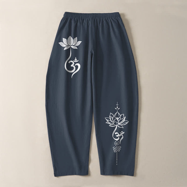 Buddha Stones Pantaloni da uomo affusolati in puro cotone con motivo Zen Om e coulisse, con tasche. - image 10