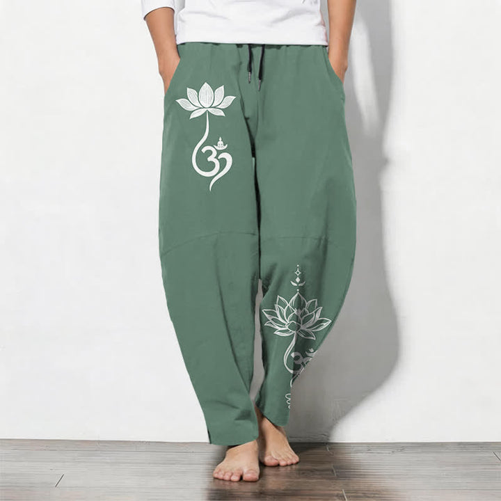 Buddha Stones Pantaloni da uomo affusolati in puro cotone con motivo Zen Om e coulisse, con tasche. - Verde mare - US/UK/AU50, EU60 (5XL) - image 11