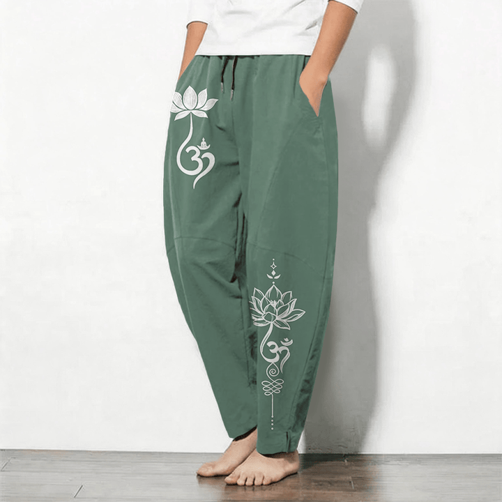 Buddha Stones Pantaloni da uomo affusolati in puro cotone con motivo Zen Om e coulisse, con tasche. - image 12