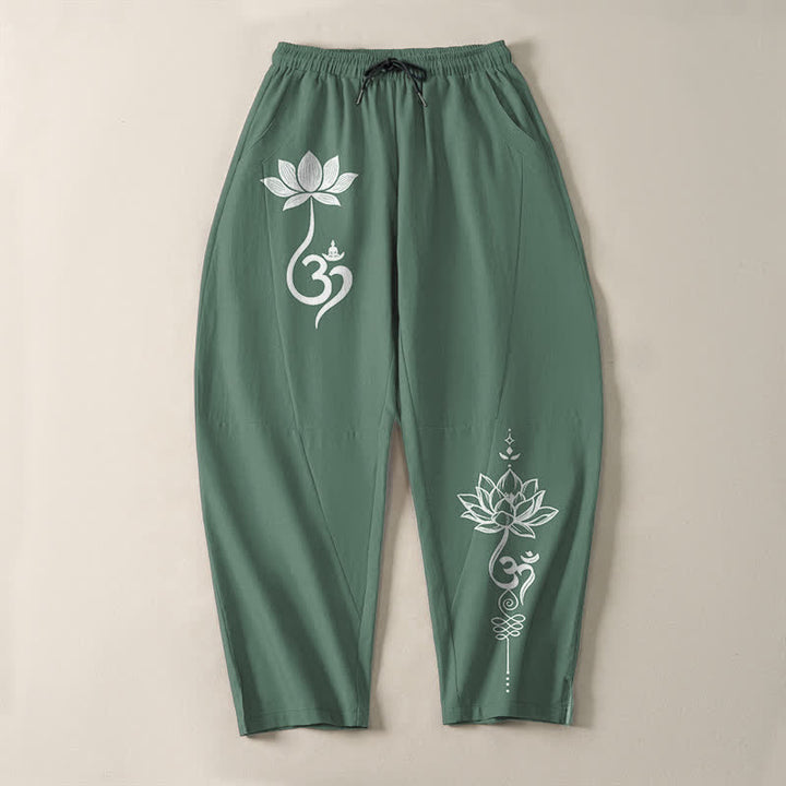 Buddha Stones Pantaloni da uomo affusolati in puro cotone con motivo Zen Om e coulisse, con tasche. - image 13