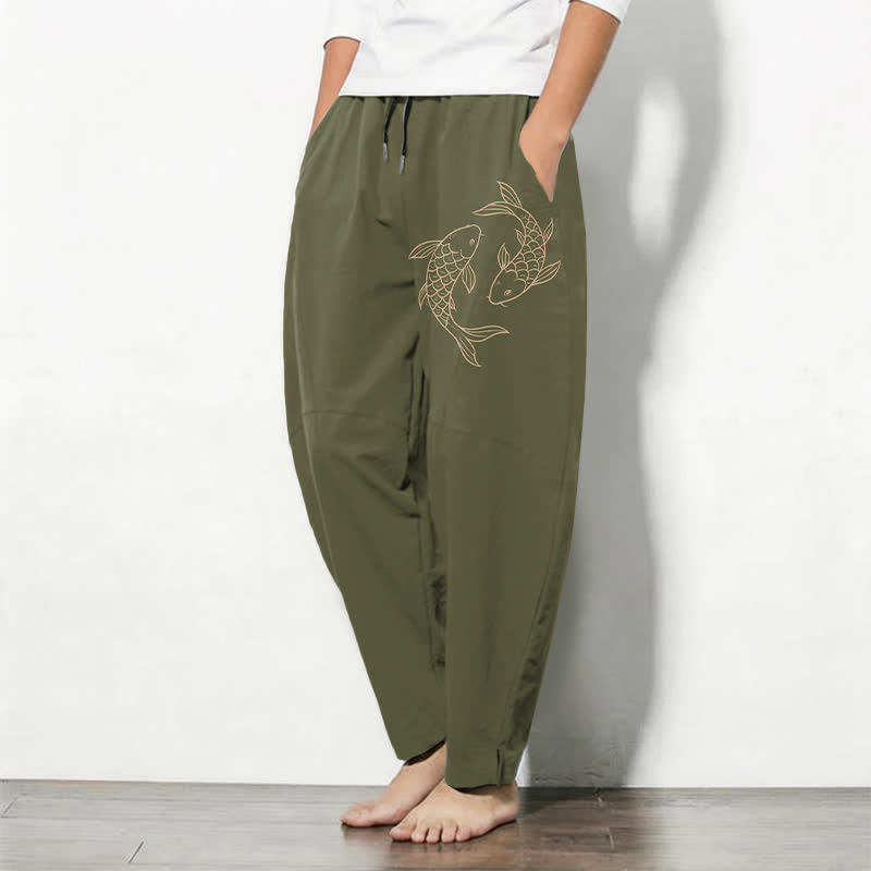 Buddha Stones Pantaloni da uomo affusolati in puro cotone con coulisse e tasche, con stampa di carpe koi. - image 1