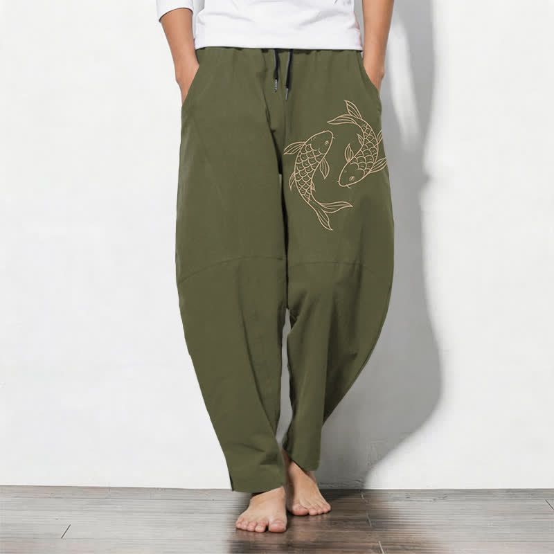 Buddha Stones Pantaloni da uomo affusolati in puro cotone con coulisse e tasche, con stampa di carpe koi. - Oliva - US/UK/AU50, EU60 (5XL) - image 0