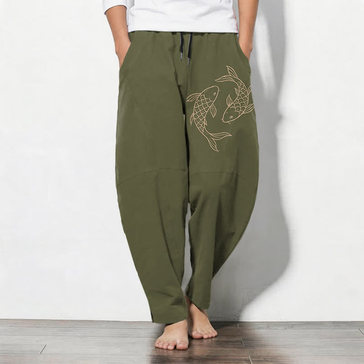 Buddha Stones Pantaloni da uomo affusolati in puro cotone con coulisse e tasche, con stampa di carpe koi. - Oliva - US/UK/AU50, EU60 (5XL) - image 0
