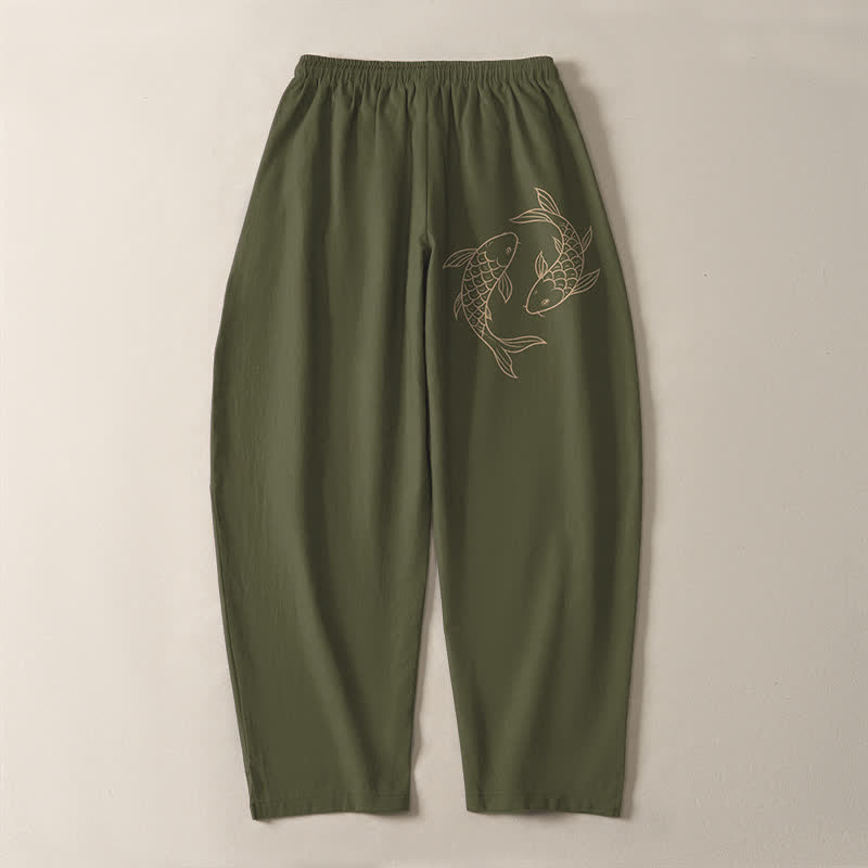 Buddha Stones Pantaloni da uomo affusolati in puro cotone con coulisse e tasche, con stampa di carpe koi. - image 3