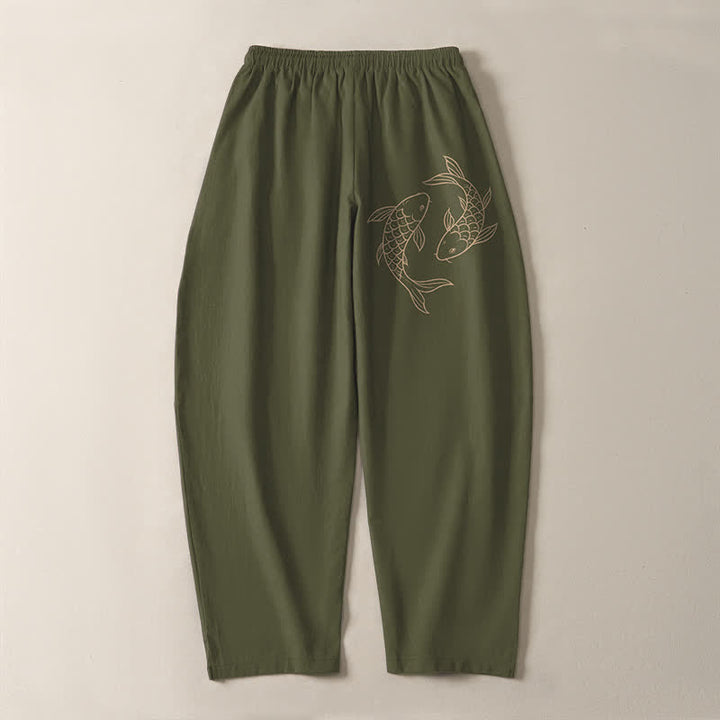 Buddha Stones Pantaloni da uomo affusolati in puro cotone con coulisse e tasche, con stampa di carpe koi. - image 3