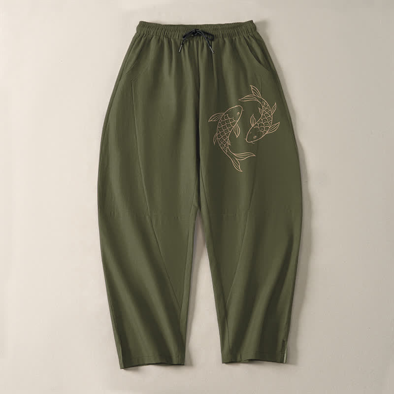 Buddha Stones Pantaloni da uomo affusolati in puro cotone con coulisse e tasche, con stampa di carpe koi. - image 2