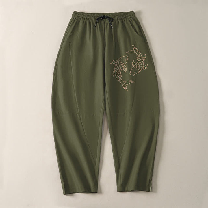 Buddha Stones Pantaloni da uomo affusolati in puro cotone con coulisse e tasche, con stampa di carpe koi. - image 2