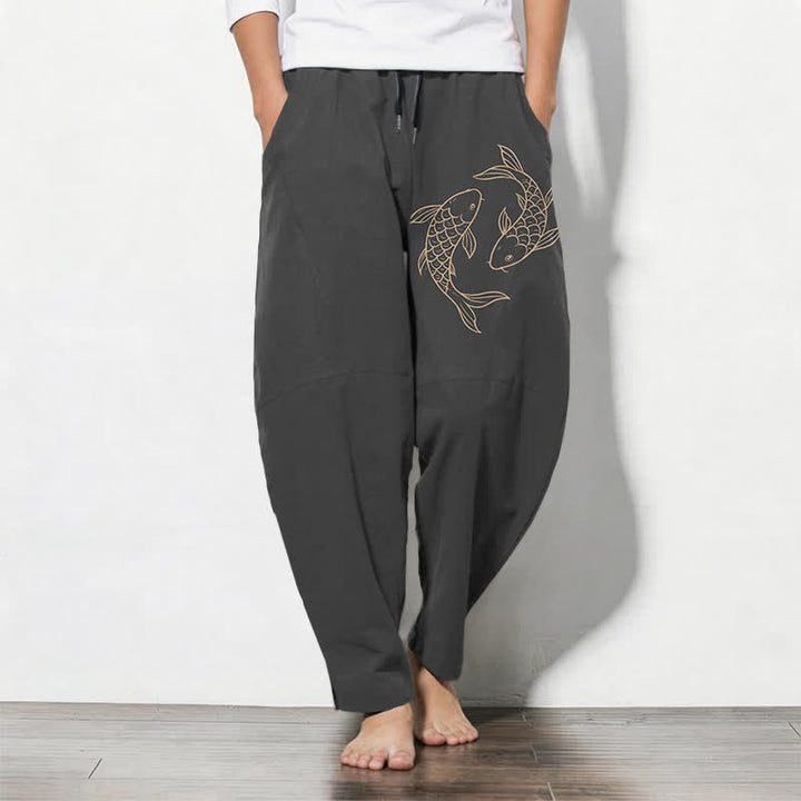 Buddha Stones Pantaloni da uomo affusolati in puro cotone con coulisse e tasche, con stampa di carpe koi. - Grigio tenue - US/UK/AU50, EU60 (5XL) - image 7