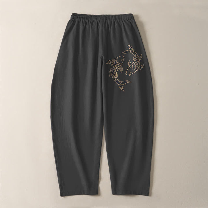 Buddha Stones Pantaloni da uomo affusolati in puro cotone con coulisse e tasche, con stampa di carpe koi. - image 10