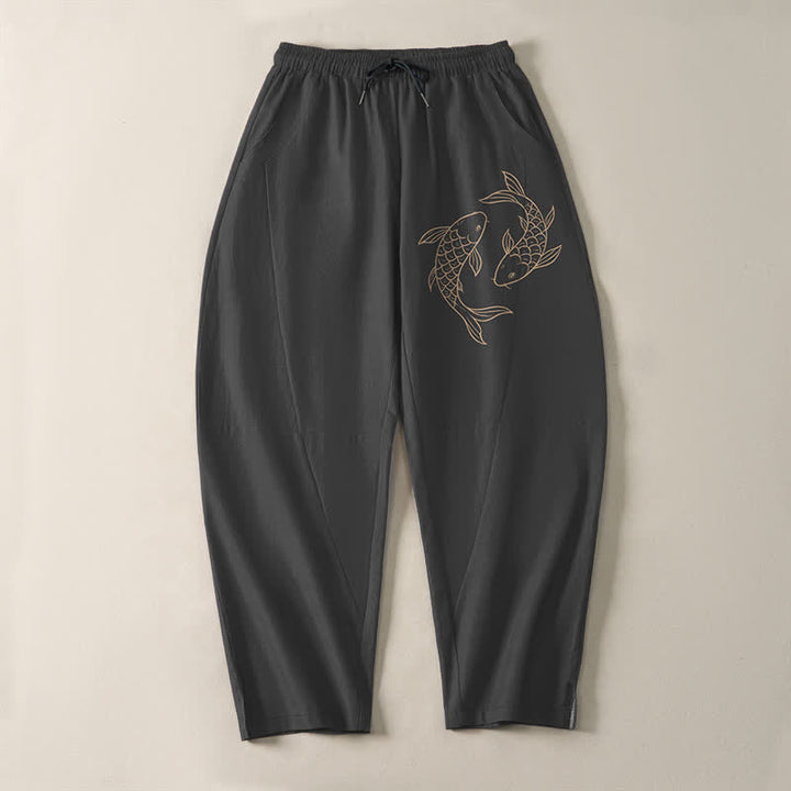 Buddha Stones Pantaloni da uomo affusolati in puro cotone con coulisse e tasche, con stampa di carpe koi. - image 9