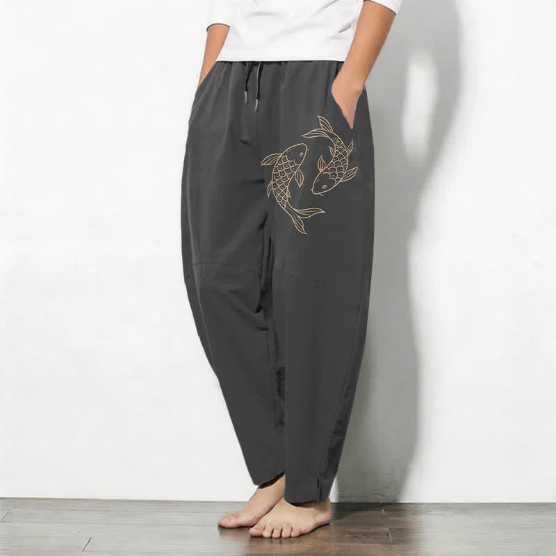 Buddha Stones Pantaloni da uomo affusolati in puro cotone con coulisse e tasche, con stampa di carpe koi. - image 8
