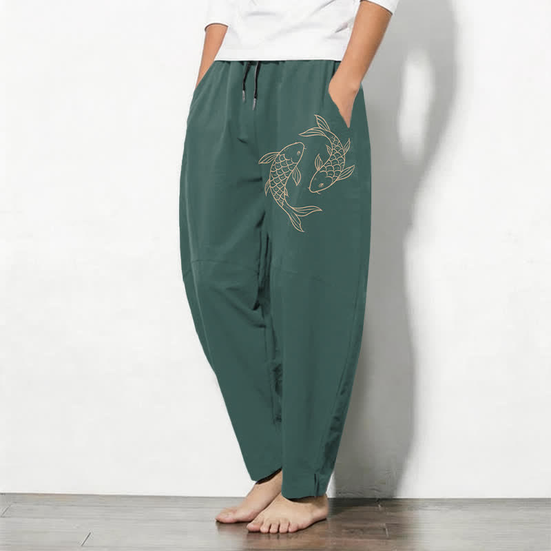Buddha Stones Pantaloni da uomo affusolati in puro cotone con coulisse e tasche, con stampa di carpe koi. - image 12