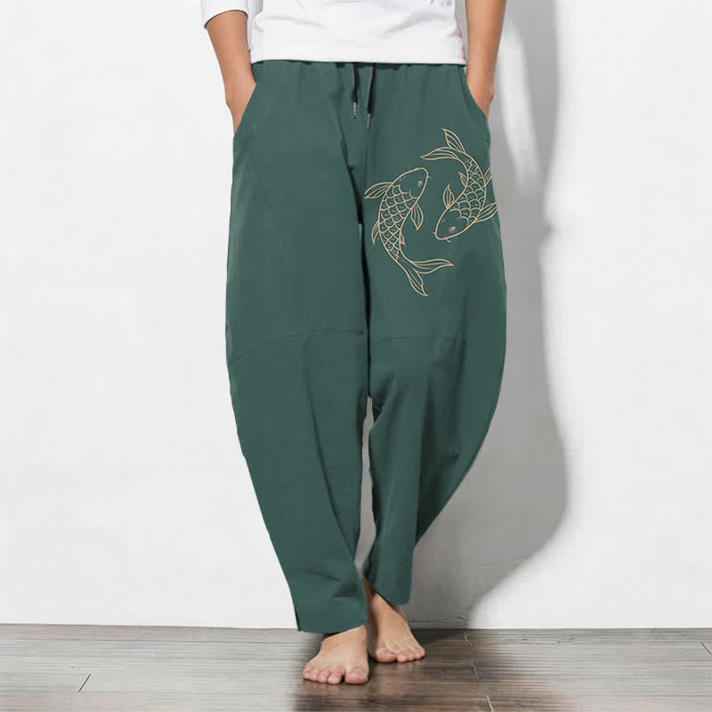 Buddha Stones Pantaloni da uomo affusolati in puro cotone con coulisse e tasche, con stampa di carpe koi. - Verde acqua - US/UK/AU50, EU60 (5XL) - image 11