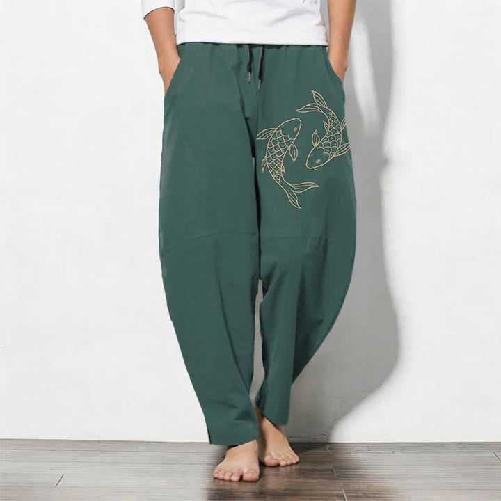 Buddha Stones Pantaloni da uomo affusolati in puro cotone con coulisse e tasche, con stampa di carpe koi. - Verde acqua - US/UK/AU50, EU60 (5XL) - image 11