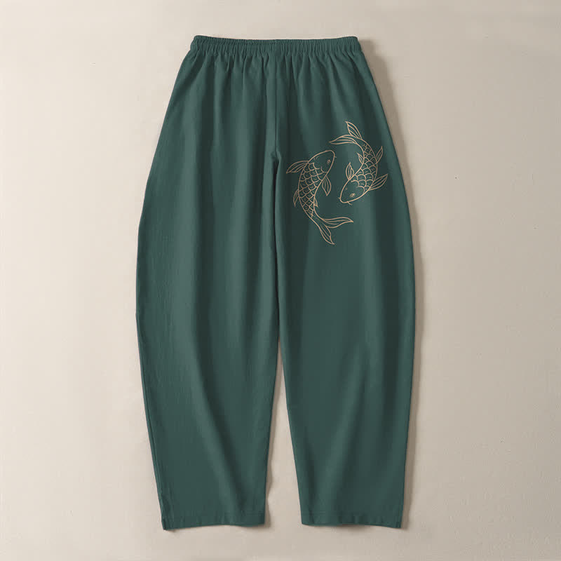 Buddha Stones Pantaloni da uomo affusolati in puro cotone con coulisse e tasche, con stampa di carpe koi. - image 14