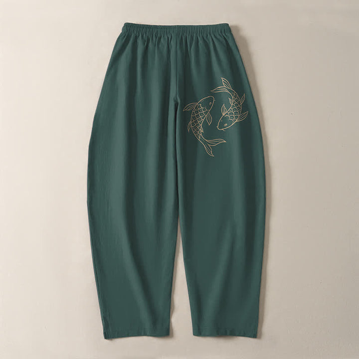 Buddha Stones Pantaloni da uomo affusolati in puro cotone con coulisse e tasche, con stampa di carpe koi. - image 14