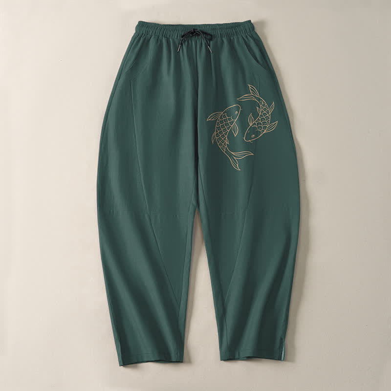 Buddha Stones Pantaloni da uomo affusolati in puro cotone con coulisse e tasche, con stampa di carpe koi. - image 13
