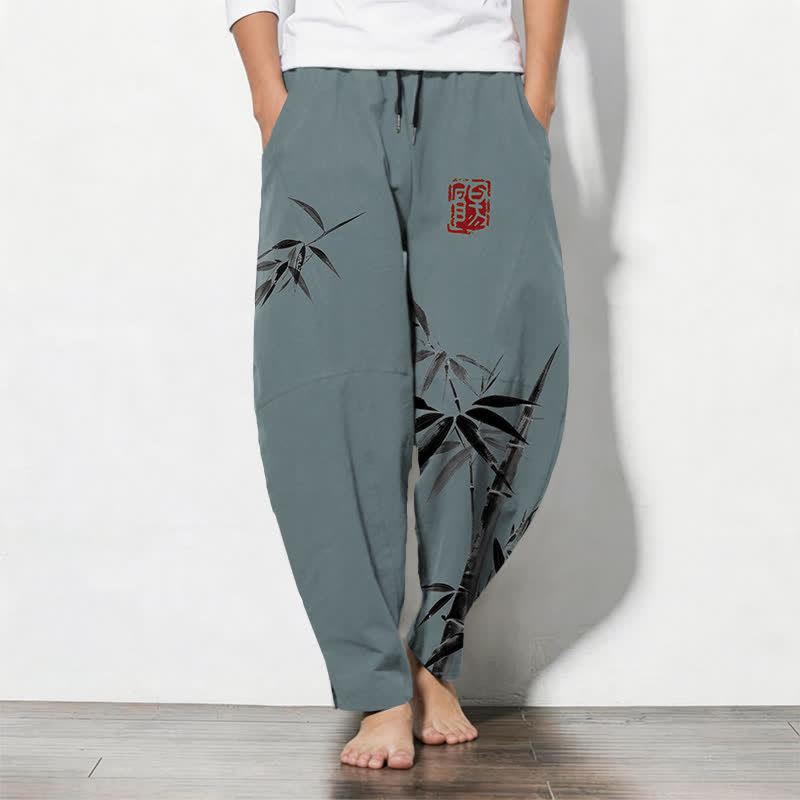 Buddha Stones Pantaloni da uomo affusolati con coulisse e tasche, in puro cotone, con stampa a inchiostro orientale e motivo bambù. - Cadetto Blu - US/UK/AU50, EU60 (5XL) - image 0