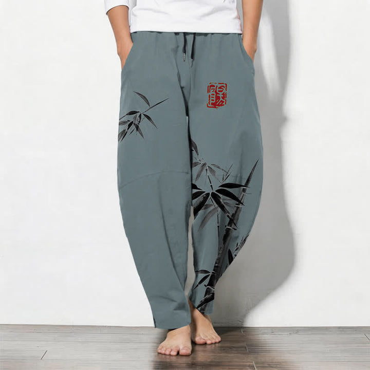 Buddha Stones Pantaloni da uomo affusolati con coulisse e tasche, in puro cotone, con stampa a inchiostro orientale e motivo bambù. - Cadetto Blu - US/UK/AU50, EU60 (5XL) - image 0