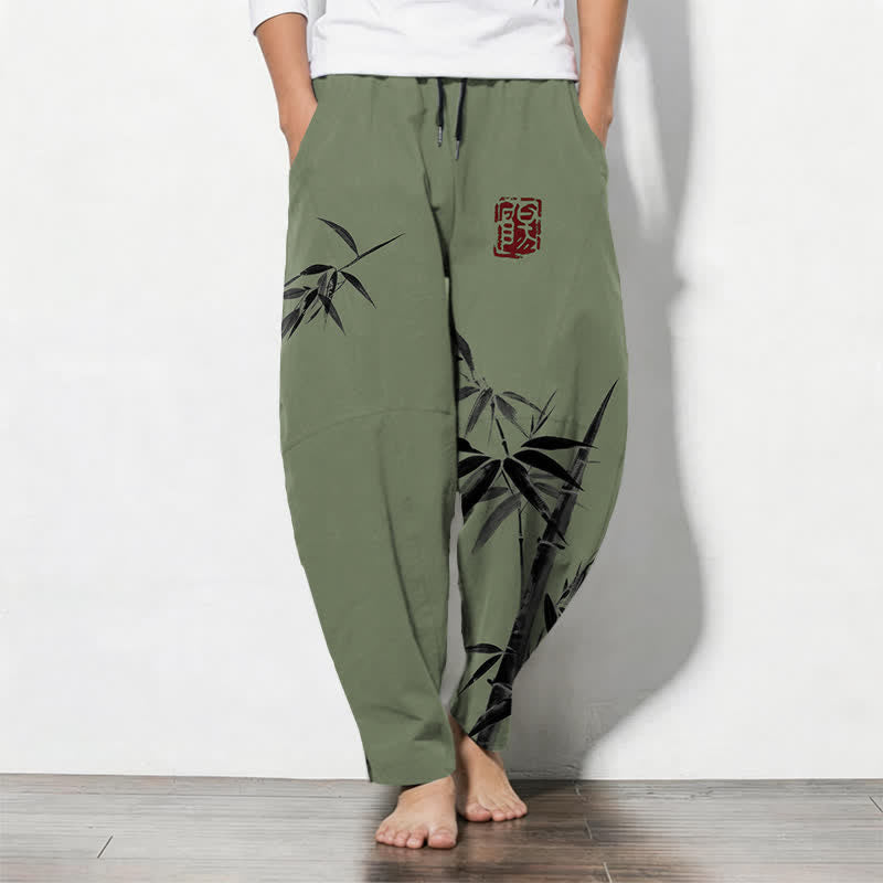 Buddha Stones Pantaloni da uomo affusolati con coulisse e tasche, in puro cotone, con stampa a inchiostro orientale e motivo bambù. - Verde oliva scuro - US/UK/AU50, EU60 (5XL) - image 7