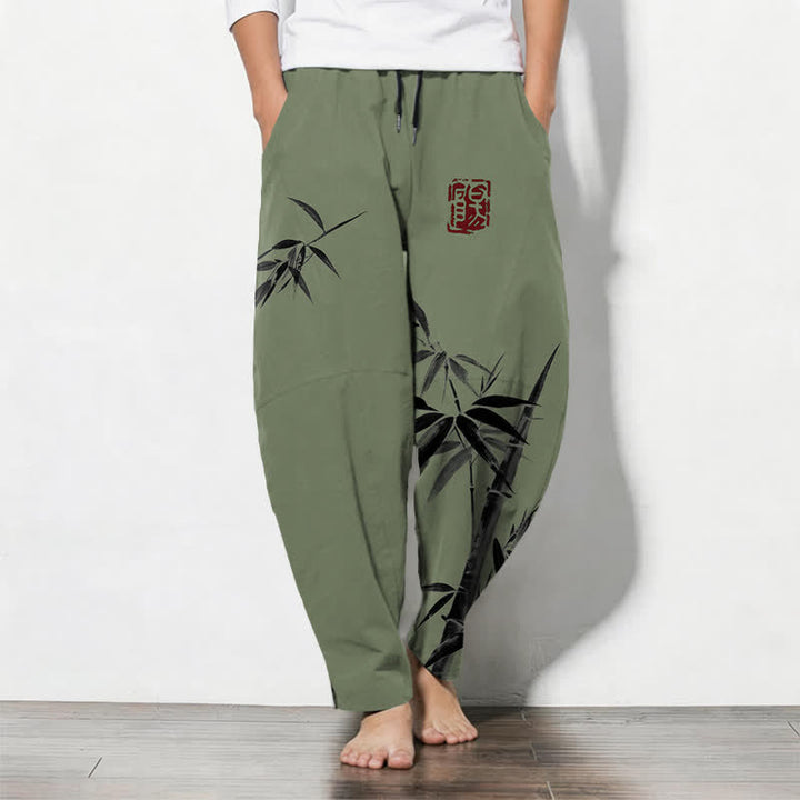 Buddha Stones Pantaloni da uomo affusolati con coulisse e tasche, in puro cotone, con stampa a inchiostro orientale e motivo bambù. - Verde oliva scuro - US/UK/AU50, EU60 (5XL) - image 7