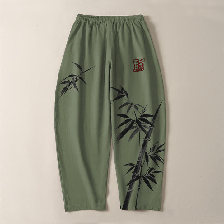 Buddha Stones Pantaloni da uomo affusolati con coulisse e tasche, in puro cotone, con stampa a inchiostro orientale e motivo bambù. - image 10