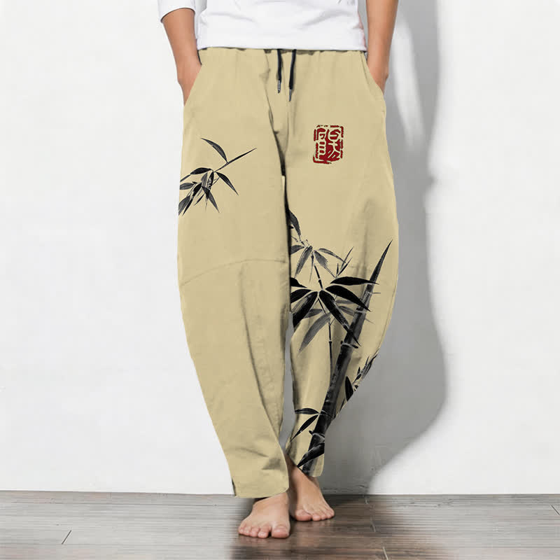Buddha Stones Pantaloni da uomo affusolati con coulisse e tasche, in puro cotone, con stampa a inchiostro orientale e motivo bambù. - Verga d'oro pallida - US/UK/AU50, EU60 (5XL) - image 11