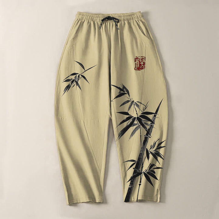 Buddha Stones Pantaloni da uomo affusolati con coulisse e tasche, in puro cotone, con stampa a inchiostro orientale e motivo bambù. - image 13