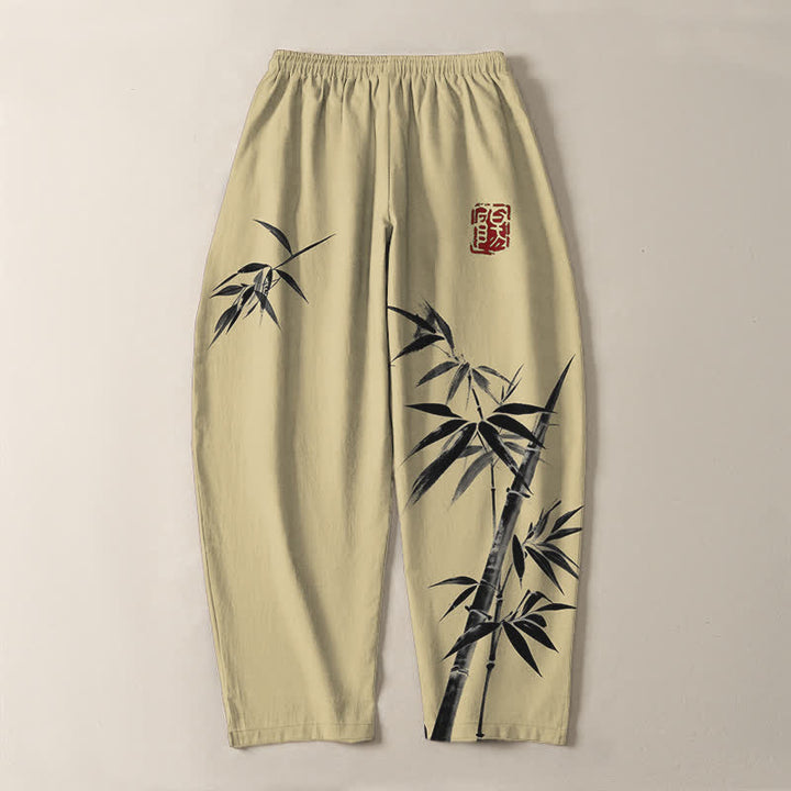 Buddha Stones Pantaloni da uomo affusolati con coulisse e tasche, in puro cotone, con stampa a inchiostro orientale e motivo bambù. - image 14