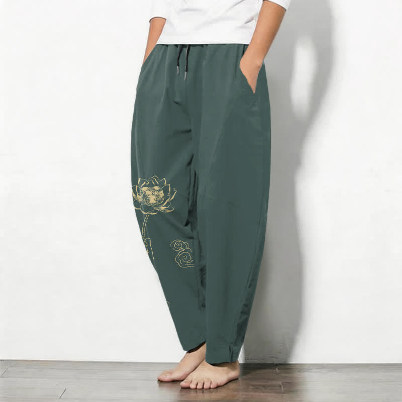 Buddha Stones Pantaloni da uomo affusolati in puro cotone con motivo a nuvole di loto dorate e coulisse, con tasche. - image 1