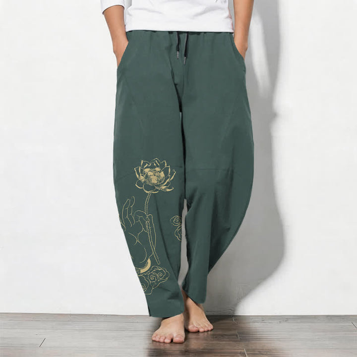 Buddha Stones Pantaloni da uomo affusolati in puro cotone con motivo a nuvole di loto dorate e coulisse, con tasche. - Verde acqua - US/UK/AU50, EU60 (5XL) - image 0