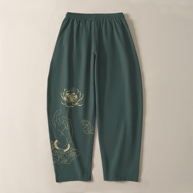 Buddha Stones Pantaloni da uomo affusolati in puro cotone con motivo a nuvole di loto dorate e coulisse, con tasche. - image 3