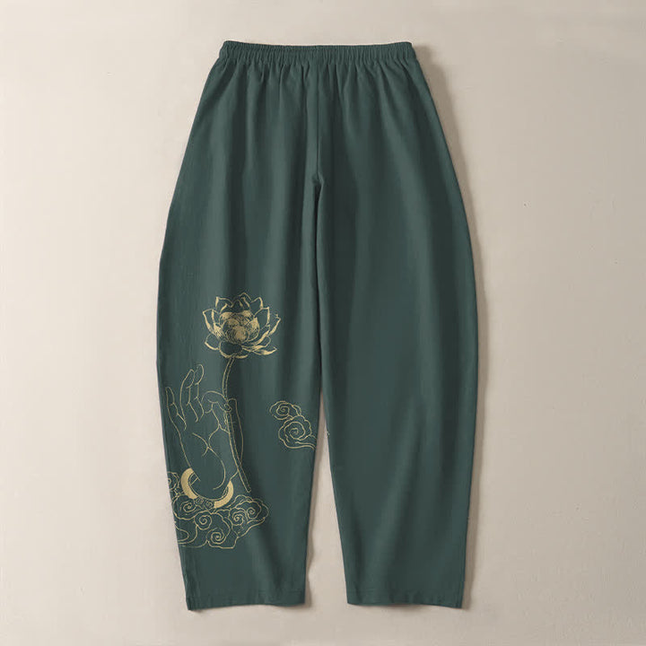 Buddha Stones Pantaloni da uomo affusolati in puro cotone con motivo a nuvole di loto dorate e coulisse, con tasche. - image 3