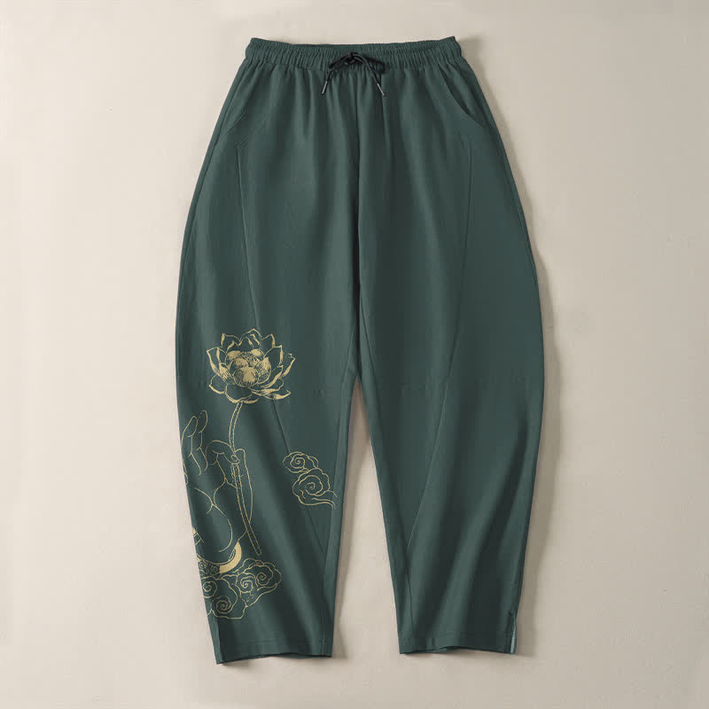 Buddha Stones Pantaloni da uomo affusolati in puro cotone con motivo a nuvole di loto dorate e coulisse, con tasche. - image 2