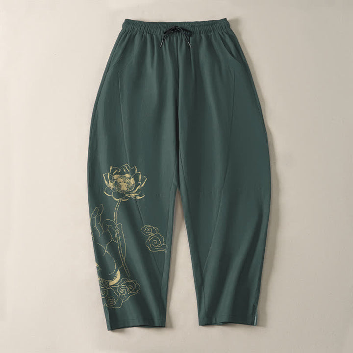 Buddha Stones Pantaloni da uomo affusolati in puro cotone con motivo a nuvole di loto dorate e coulisse, con tasche. - image 2