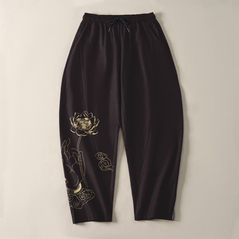 Buddha Stones Pantaloni da uomo affusolati in puro cotone con motivo a nuvole di loto dorate e coulisse, con tasche. - image 9