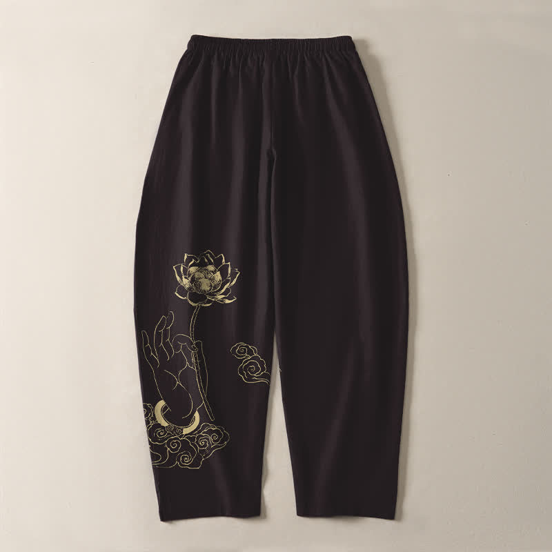 Buddha Stones Pantaloni da uomo affusolati in puro cotone con motivo a nuvole di loto dorate e coulisse, con tasche. - image 10