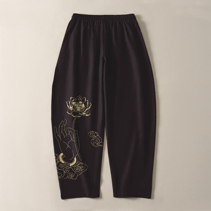 Buddha Stones Pantaloni da uomo affusolati in puro cotone con motivo a nuvole di loto dorate e coulisse, con tasche. - image 10