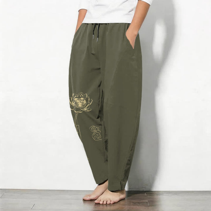 Buddha Stones Pantaloni da uomo affusolati in puro cotone con motivo a nuvole di loto dorate e coulisse, con tasche. - image 12