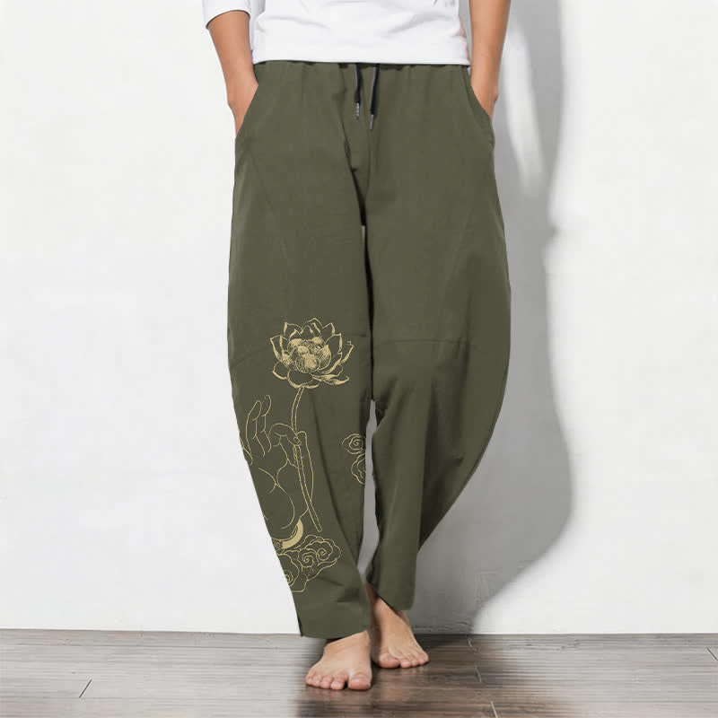 Buddha Stones Pantaloni da uomo affusolati in puro cotone con motivo a nuvole di loto dorate e coulisse, con tasche. - Oliva - US/UK/AU50, EU60 (5XL) - image 11
