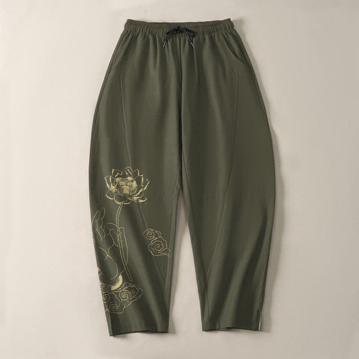 Buddha Stones Pantaloni da uomo affusolati in puro cotone con motivo a nuvole di loto dorate e coulisse, con tasche. - image 13