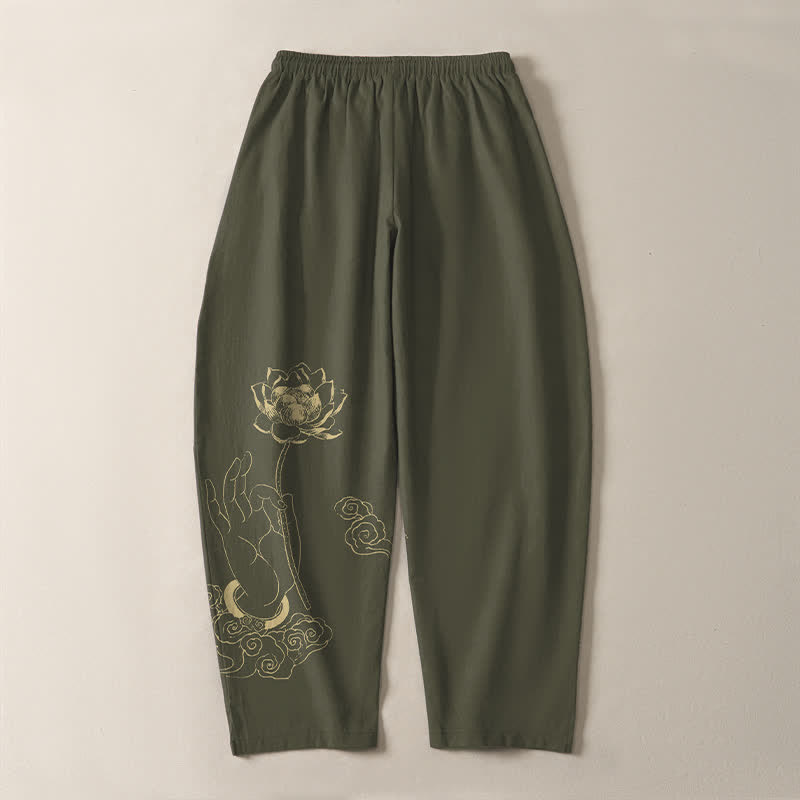 Buddha Stones Pantaloni da uomo affusolati in puro cotone con motivo a nuvole di loto dorate e coulisse, con tasche. - image 14